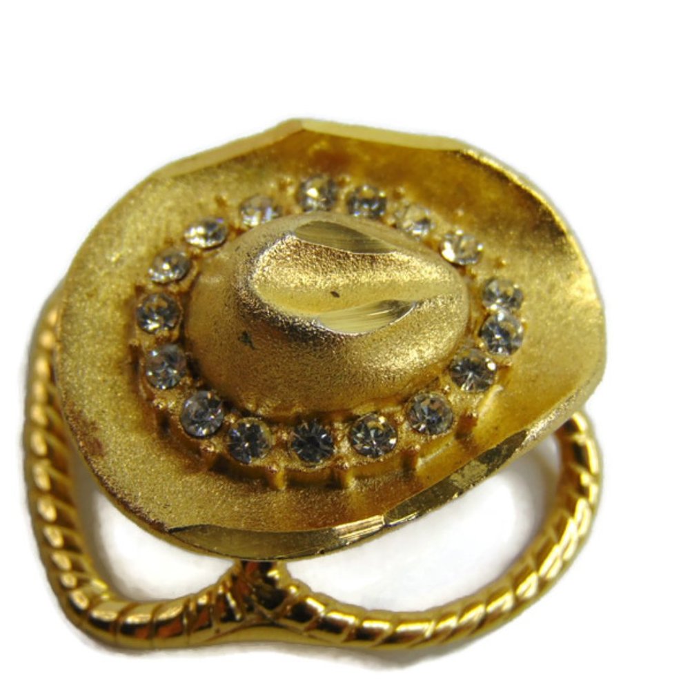 Scarf Tie Slide Western Square Dance Cowboy Hat Gold Tone Rhinestones Cowgirl